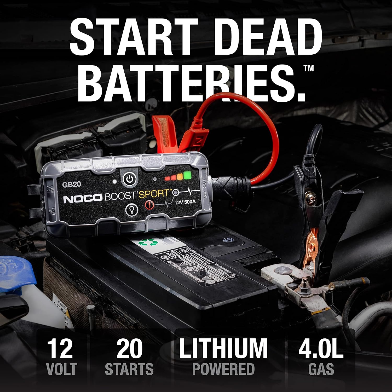 image:imageNOCO Boost GB20 500A UltraSafe Jump Starter 12V Lithium Battery Booster Pack Portable Jump Box Power Bank amp Jumper Cables for 40L Gas Engines SparkProof amp Reverse Polarity ProtectionFor Car Truck Motorcycle SUV Boat ATV RV up to 40L Gas