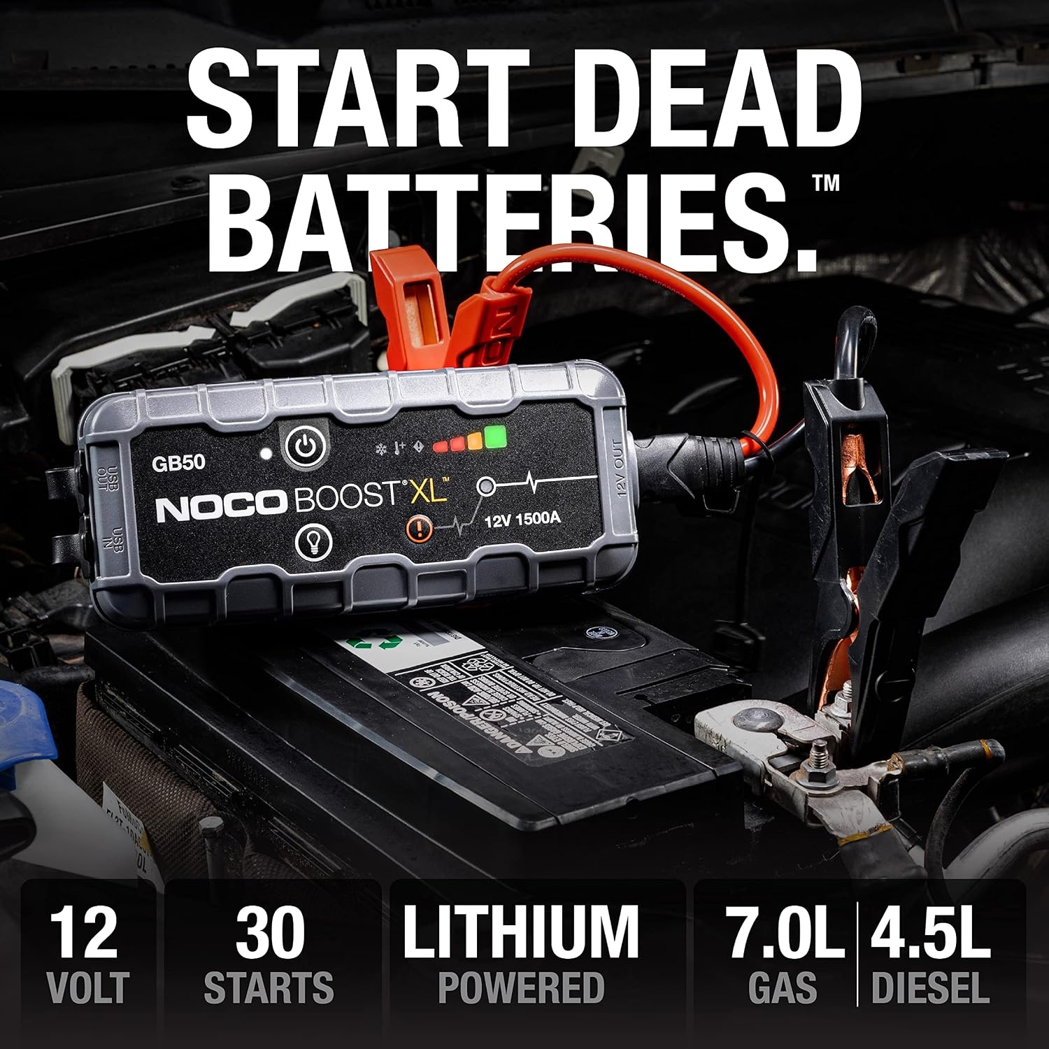 image:imageNOCO Boost GB50 1500A UltraSafe Jump Starter 12V Lithium Battery Booster Pack Portable Jump Box Power Bank amp Jumper Cables for 70L Gas and 45L Diesel Engines SparkProof amp Reverse Polarity Protection For Car Truck Motorcycle SUV Boat ATV RV up to 70L Gas amp 45L Diesel