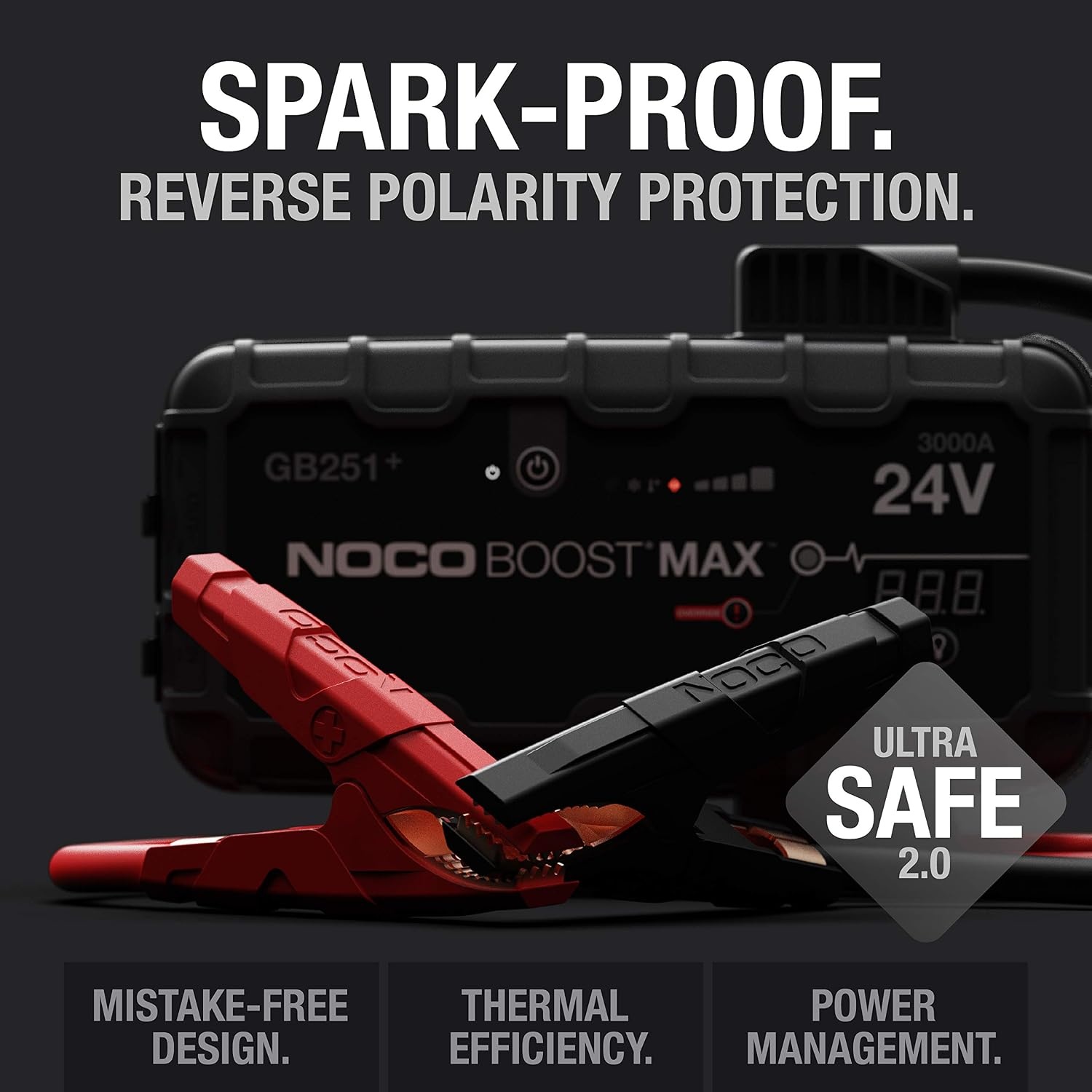 image:imageNOCO Boost Max GB251 3000A UltraSafe Jump Starter 24V Lithium Battery Booster Pack Portable Jump Box Power Bank amp Jumper Cables for 32L Gas and Diesel Engines Lithium booster power bank and jumper cables supports gas and diesel engines up to 32L