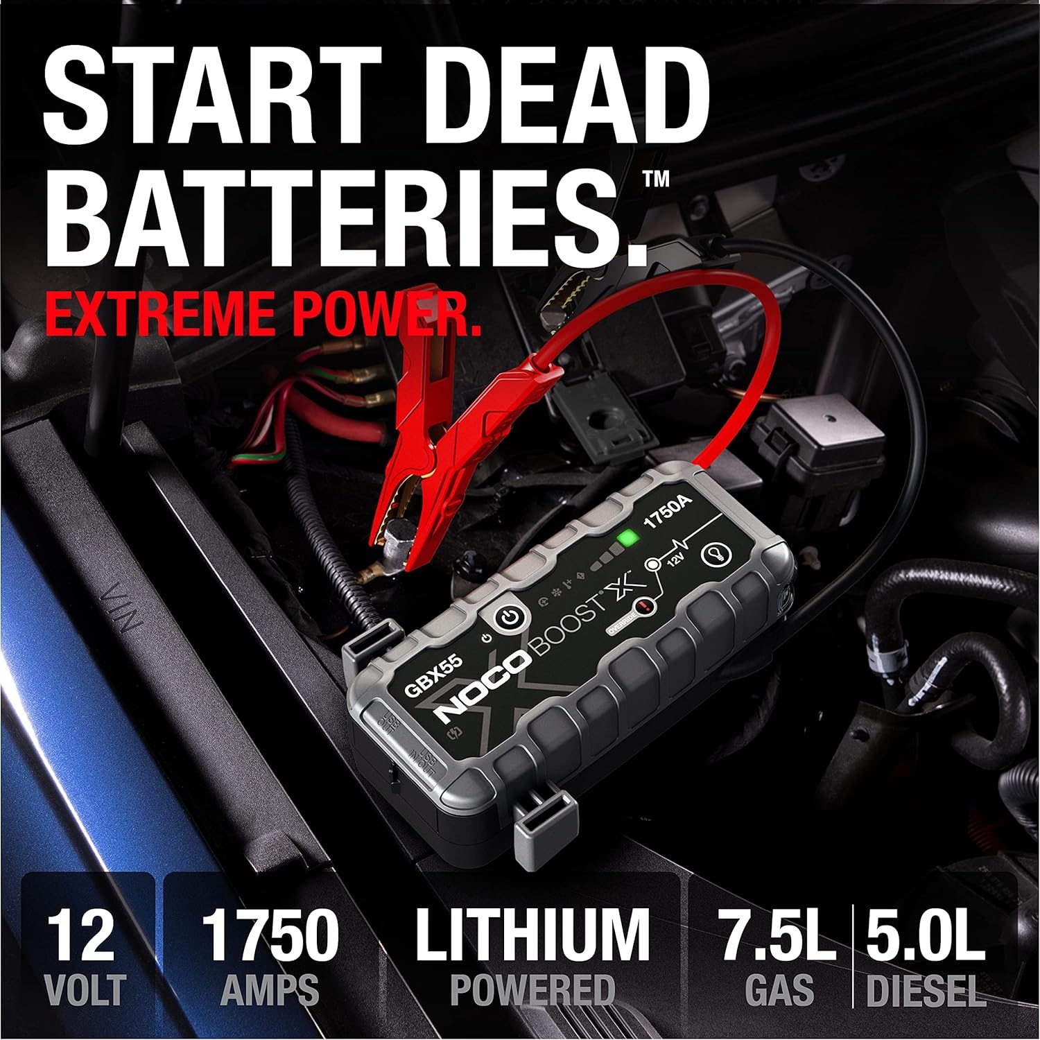 image:imageNOCO Boost X GBX55 1750A UltraSafe Jump Starter 12V Lithium Battery Booster Pack Portable Jump Box Power Bank amp Jumper Cables for 75L Gas and 50L Diesel Engines SparkProof amp Reverse Polarity Protection For Car Truck Motorcycle SUV Boat ATV RV up to 75L Gas amp 50L Diesel