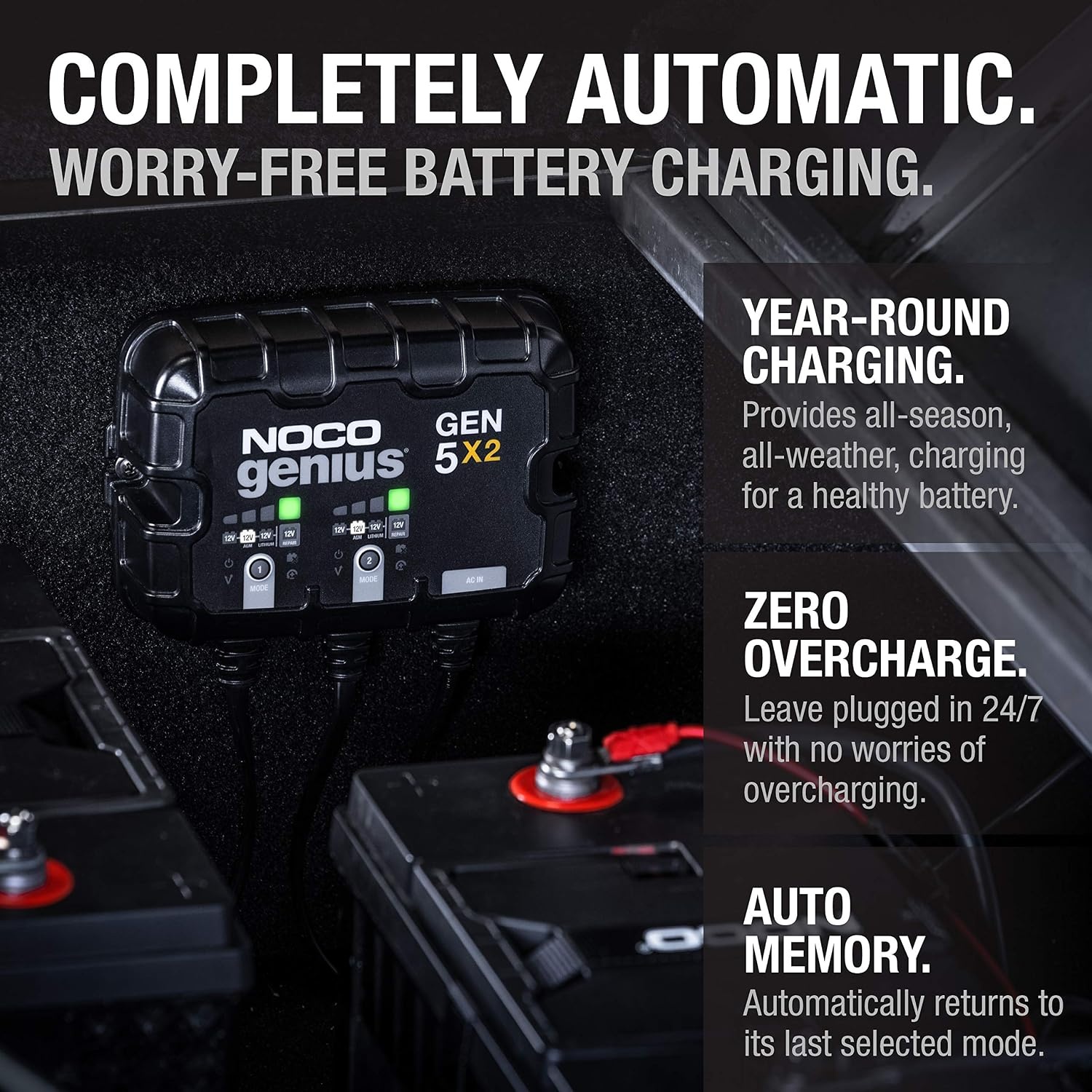image:imageNOCO Genius GEN5X2 2Bank 10A Onboard Battery Charger 5A Per Bank 12V Waterproof Marine Charger with Overcharge Protection amp Temperature Compensation for LeadAcid amp Lithium Batteries Charges 2 Batteries at Once IP68 Waterproof Overcharge Protection Temperature Compensation For LeadAcid amp Lithium10A 5A per Bank Pack of 4