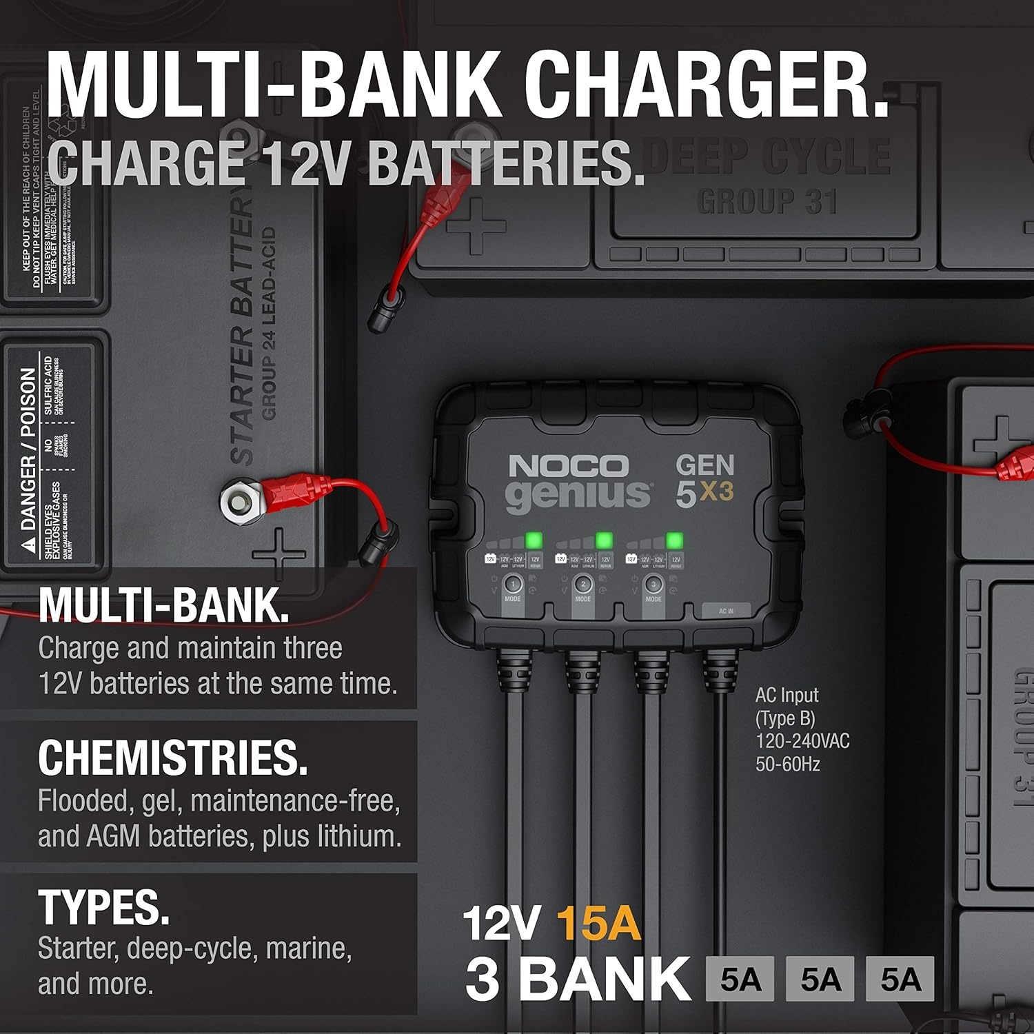 image:imageNOCO Genius GEN5X3 3Bank 15A Onboard Battery Charger 5A Per Bank 12V Waterproof Marine Charger with Overcharge Protection amp Temperature Compensation for LeadAcid amp Lithium Batteries Charges 3 Batteries at Once IP68 Waterproof Overcharge Protection Temperature Compensation For LeadAcid amp Lithium15A 5A per Bank