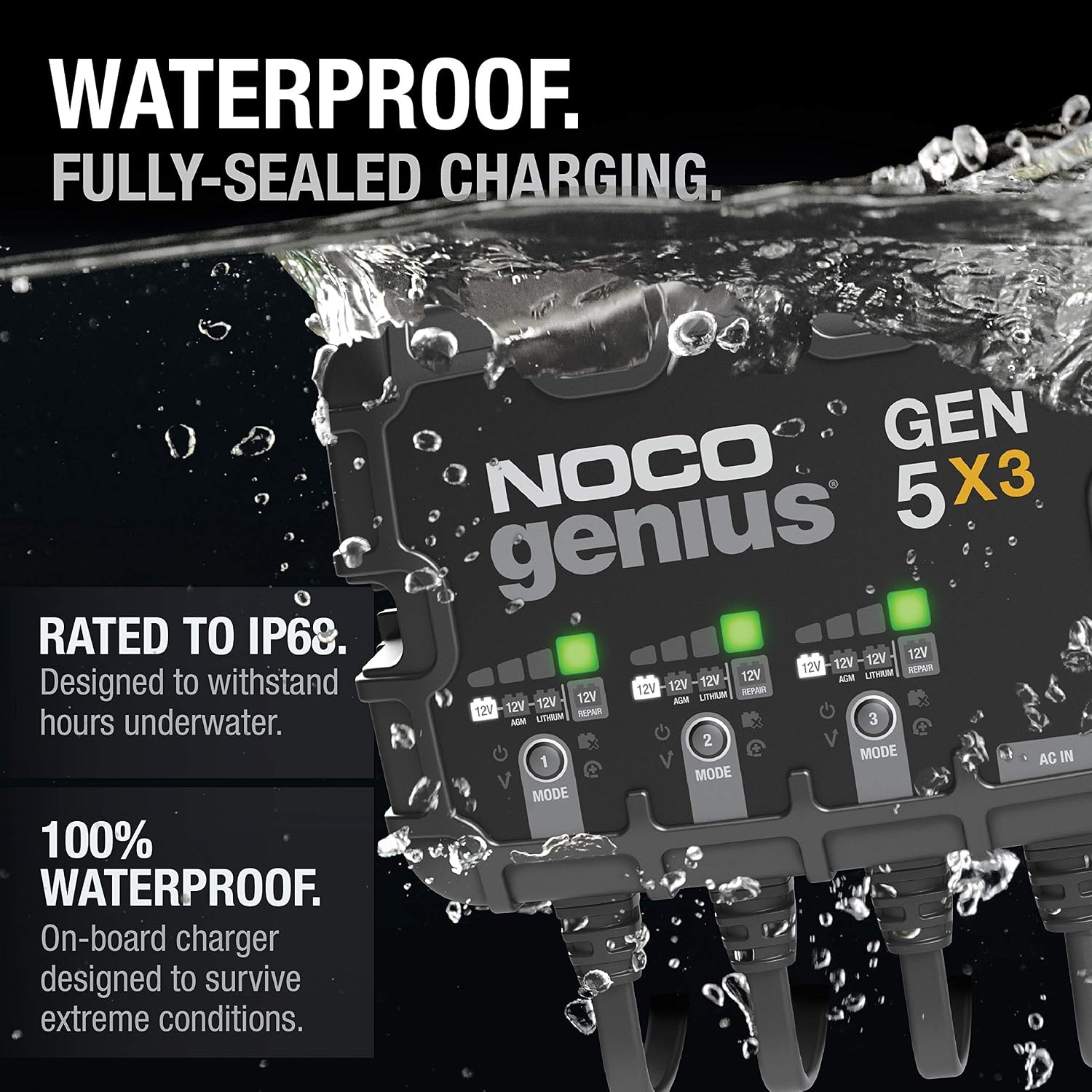 image:imageNOCO Genius GEN5X3 3Bank 15A Onboard Battery Charger 5A Per Bank 12V Waterproof Marine Charger with Overcharge Protection amp Temperature Compensation for LeadAcid amp Lithium Batteries Charges 3 Batteries at Once IP68 Waterproof Overcharge Protection Temperature Compensation For LeadAcid amp Lithium15A 5A per Bank