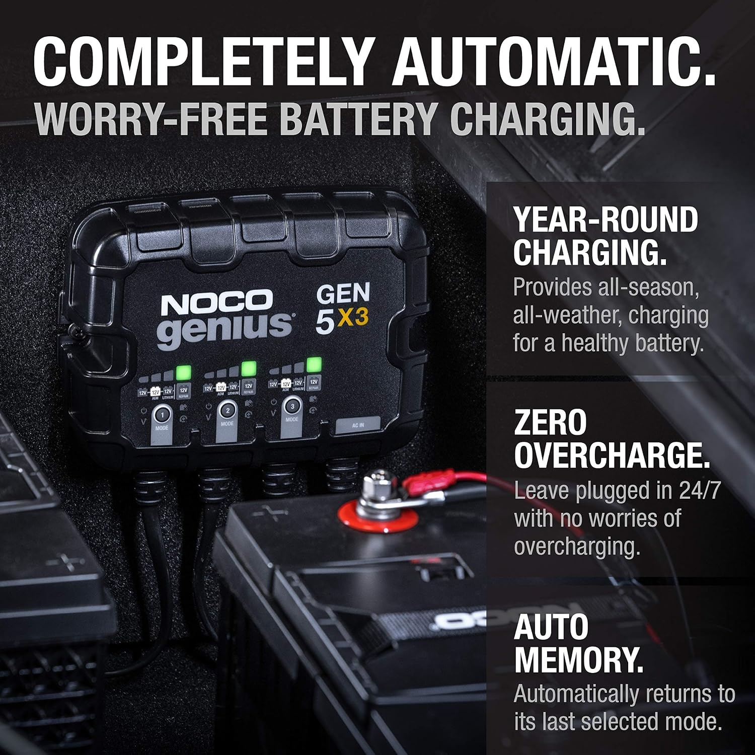 image:imageNOCO Genius GEN5X3 3Bank 15A Onboard Battery Charger 5A Per Bank 12V Waterproof Marine Charger with Overcharge Protection amp Temperature Compensation for LeadAcid amp Lithium Batteries Charges 3 Batteries at Once IP68 Waterproof Overcharge Protection Temperature Compensation For LeadAcid amp Lithium15A 5A per Bank