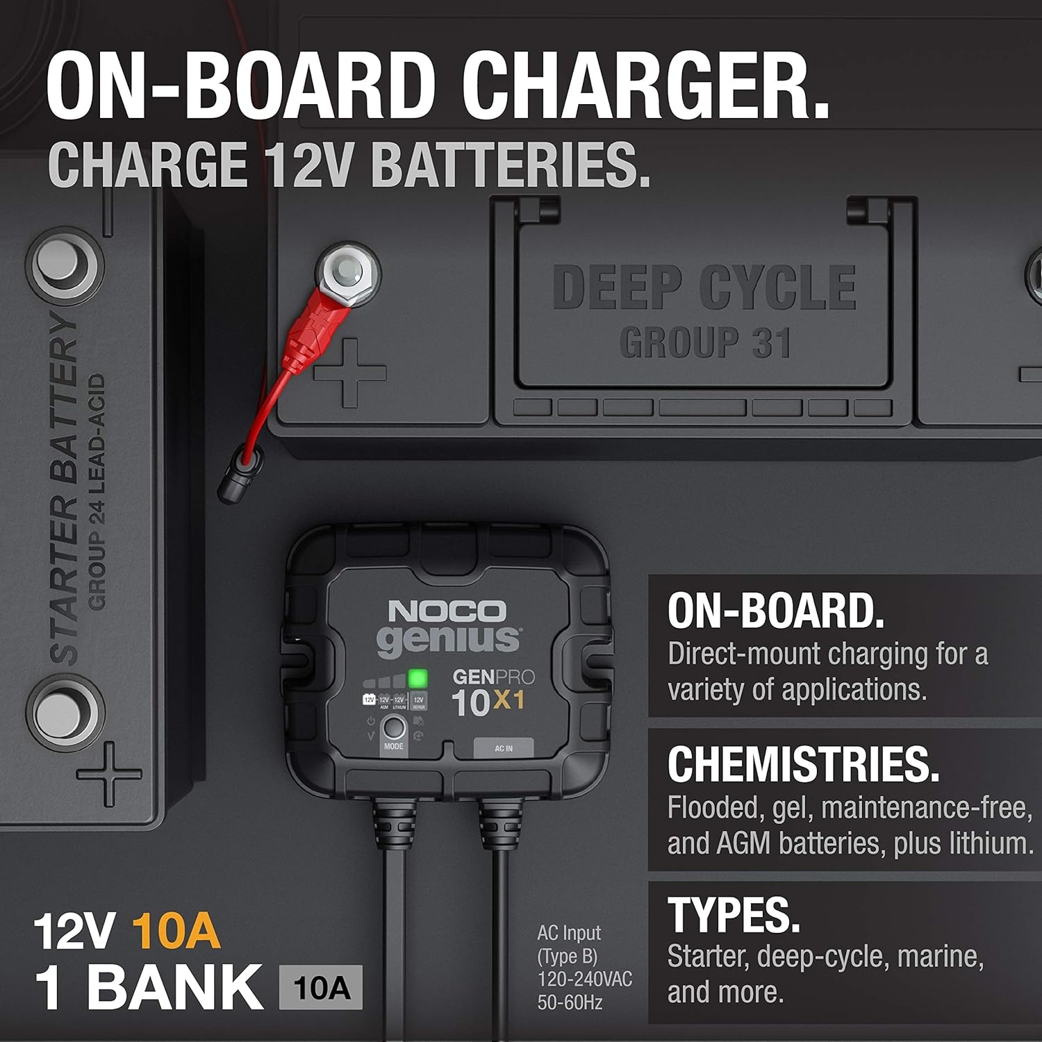 image:imageNOCO Genius GENPRO10X1 1Bank 10A Onboard Battery Charger 10A Per Bank 12V Waterproof Marine Charger with Overcharge Protection amp Temperature Compensation for LeadAcid amp Lithium Batteries Charges 1 Battery at Once IP68 Waterproof Overcharge Protection Temperature Compensation For LeadAcid amp Lithium10A 10A per Bank