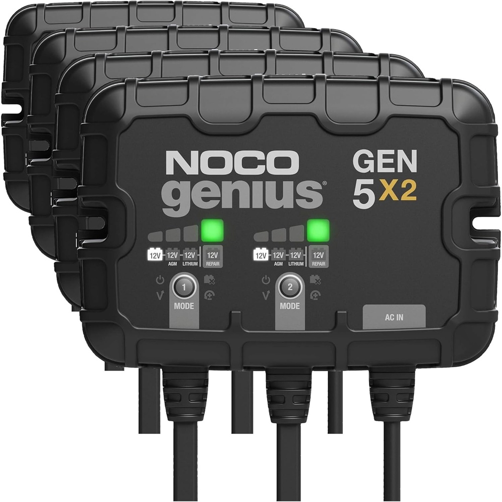 image:imageNOCO Genius GEN5X2 2Bank 10A Onboard Battery Charger  5A Per Bank 12V Waterproof Marine Charger with Overcharge Protection amp Temperature Compensation  for LeadAcid amp Lithium Batteries  Charges 2 Batteries at Once IP68 Waterproof Overcharge Protection Temperature Compensation For LeadAcid amp Lithium10A 5A per Bank Pack of 4