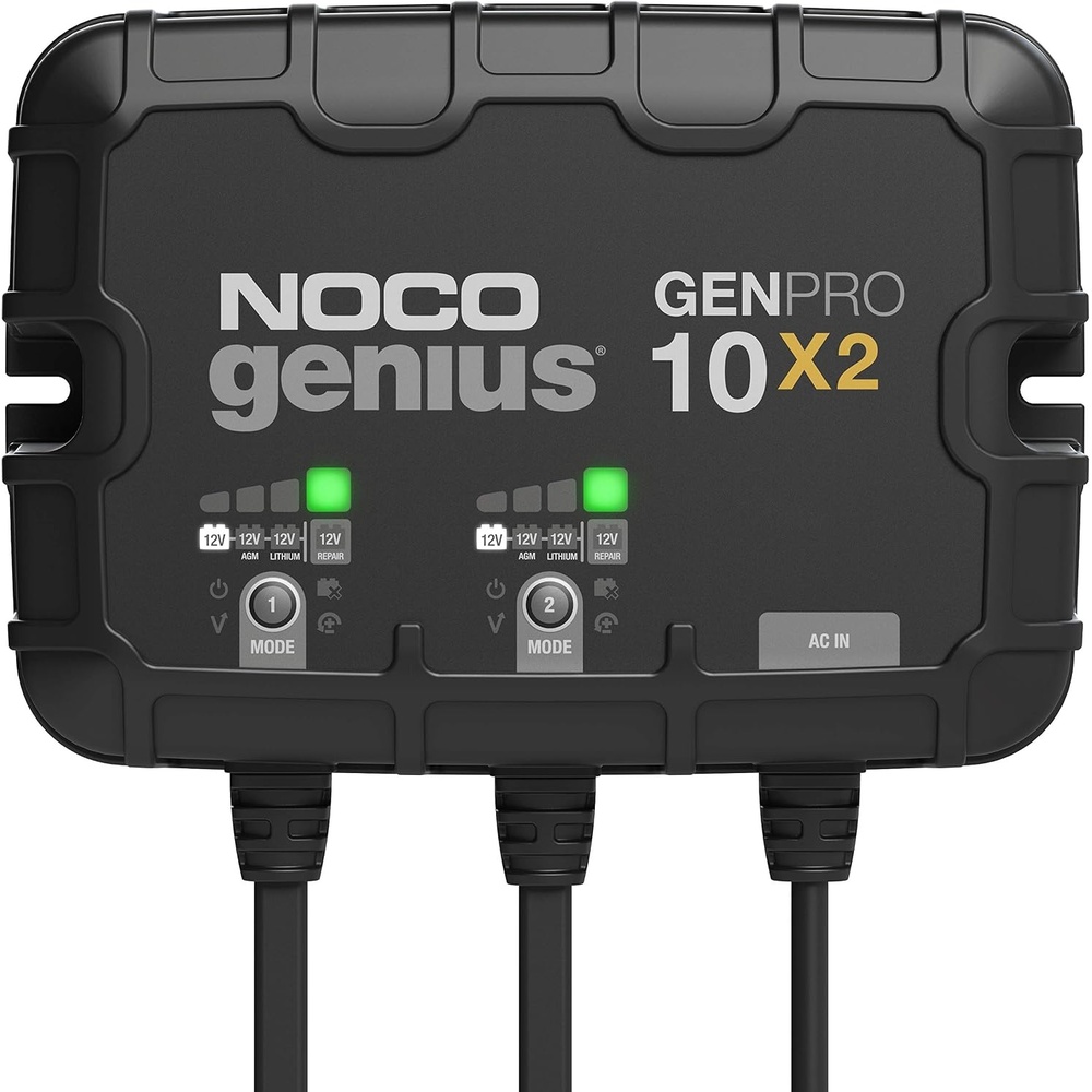 image:imageNOCO Genius GENPRO10X2 2Bank 20A Onboard Battery Charger  10A Per Bank 12V Waterproof Marine Charger with Overcharge Protection amp Temperature Compensation  for LeadAcid amp Lithium Batteries  Charges 2 Batteries at Once IP68 Waterproof Overcharge Protection Temperature Compensation For LeadAcid amp Lithium20A 10A per Bank